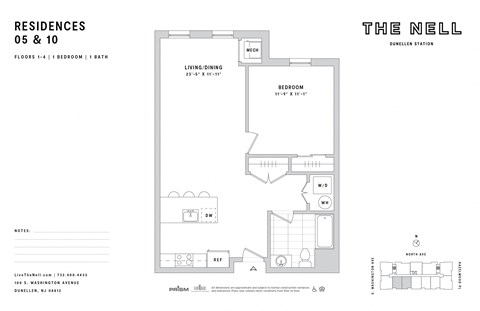 Floor plan for 1 bed, 1 bath, 765 sqft